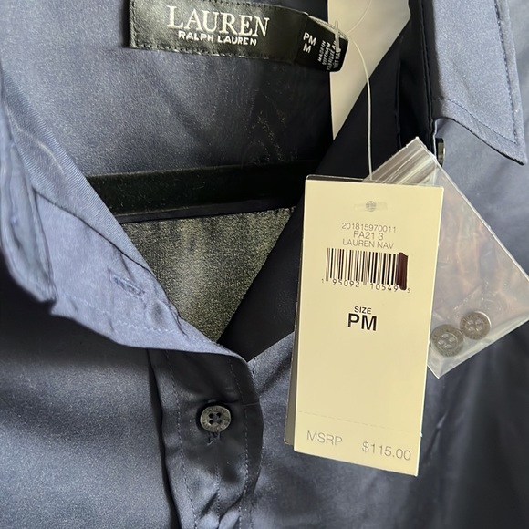 NWT Lauren Ralph Lauren Navy Satin Button Up - M petite - Picture 3 of 8